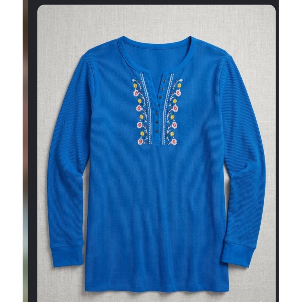 Woman Within Blue Embroidered Floral Waffle Knit Henley Top 3X 30/32 Long Sleeve